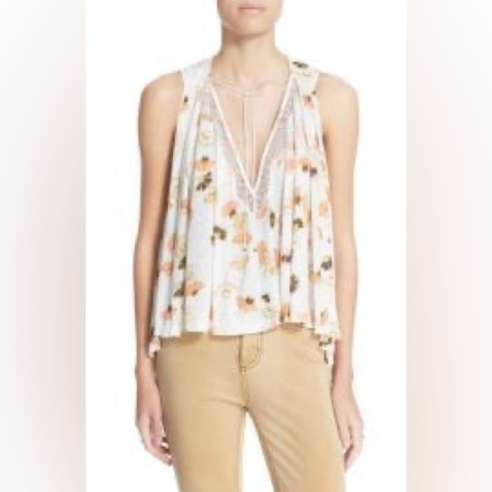 Free People Floral V-Neck Blouse - Cream and Orange